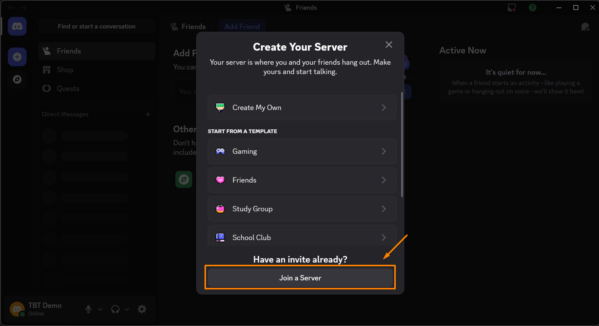 Discord popup menu with Join a Server option