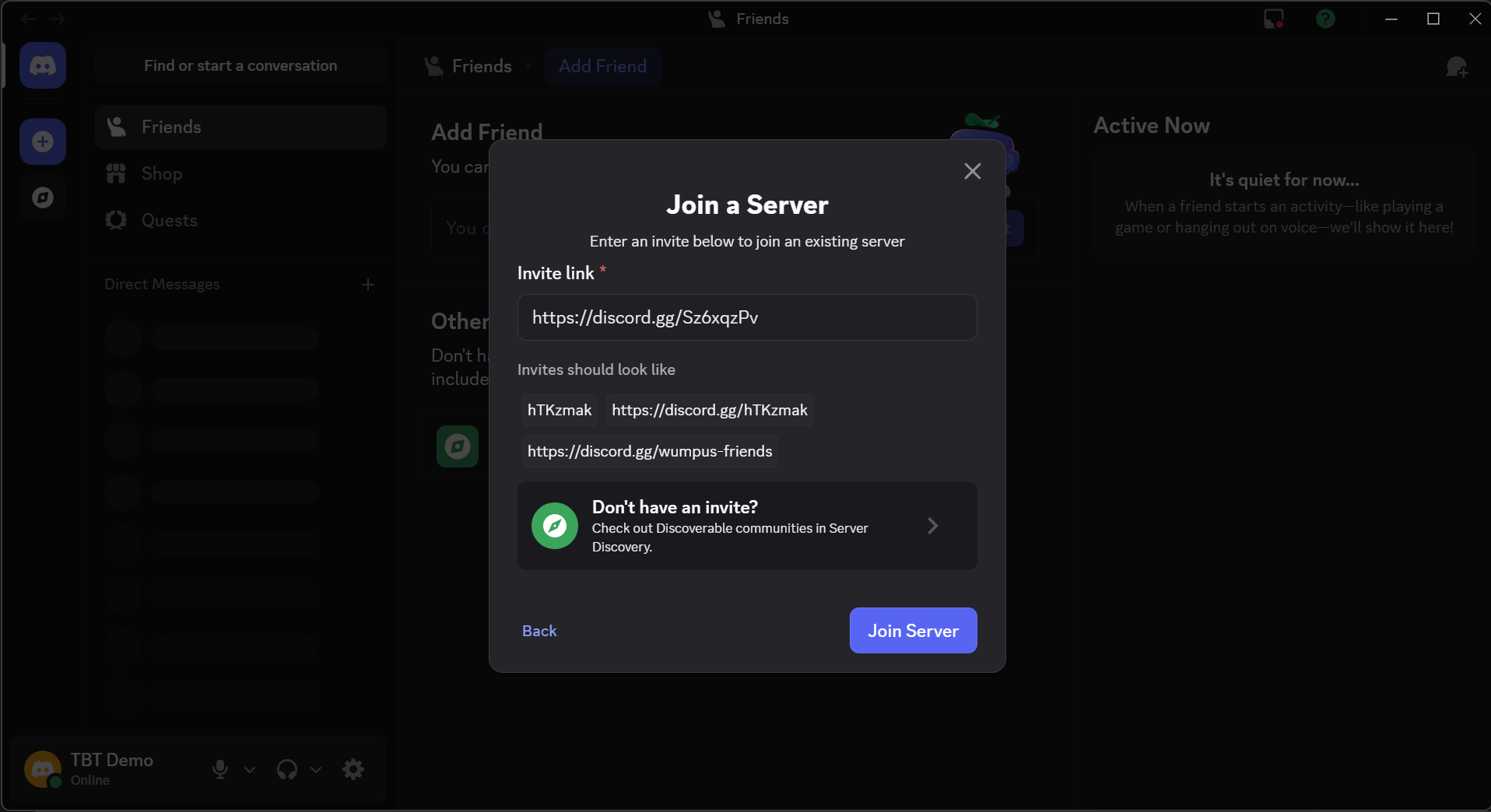 Discord Join a Server dialog with invite link pasted