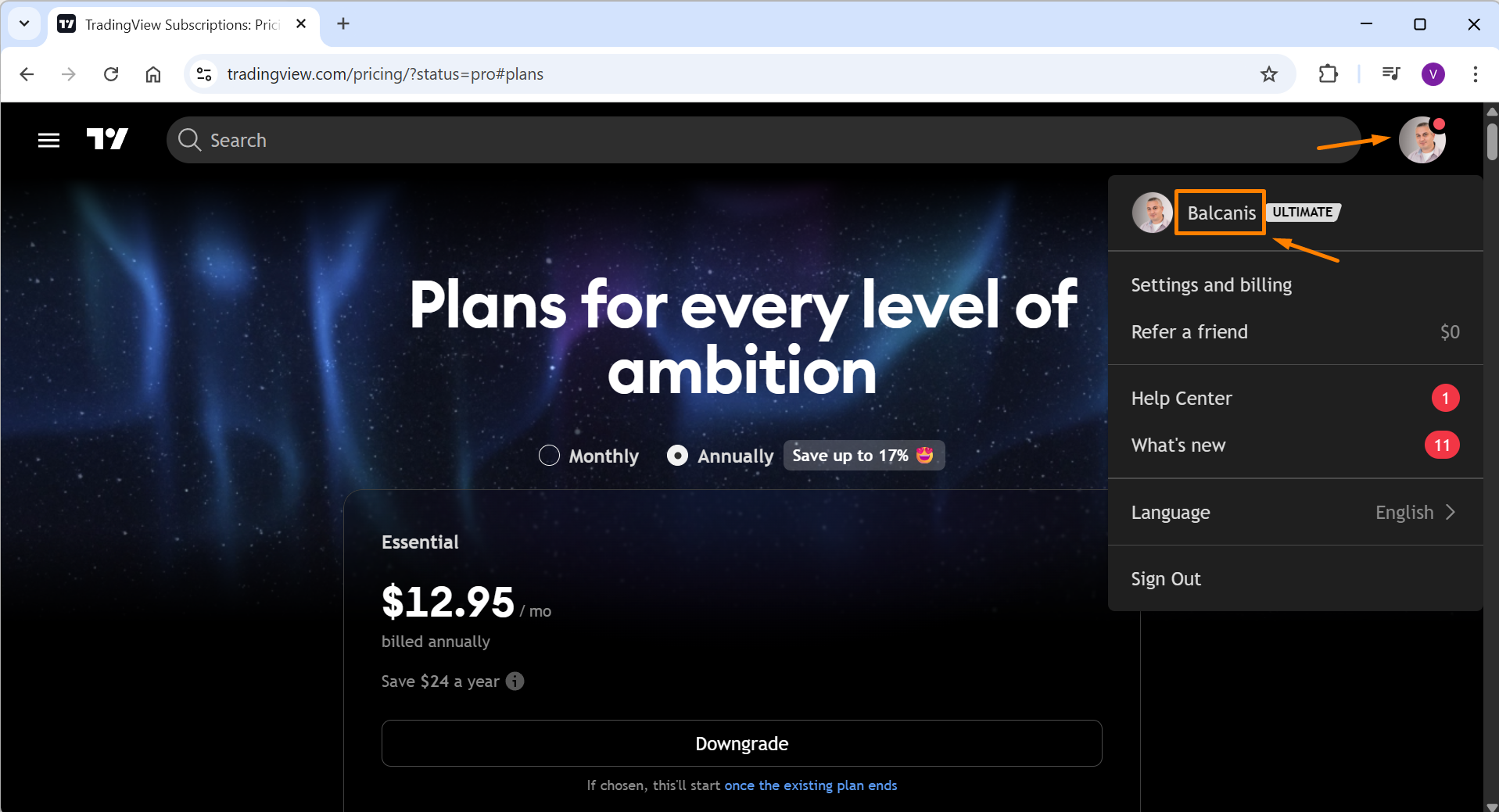 TradingView profile dropdown showing username at the top