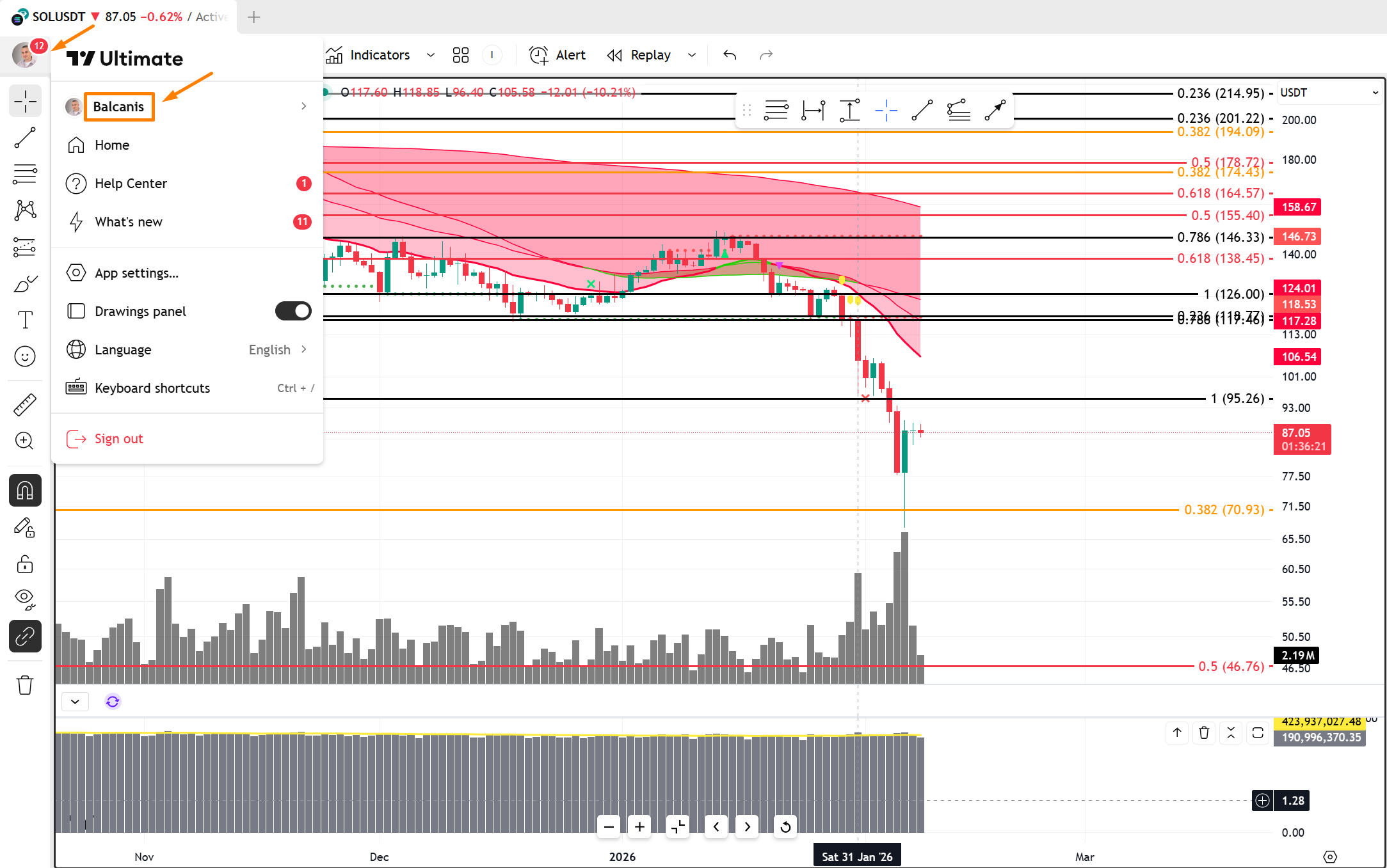 TradingView desktop app showing username in the sidebar menu