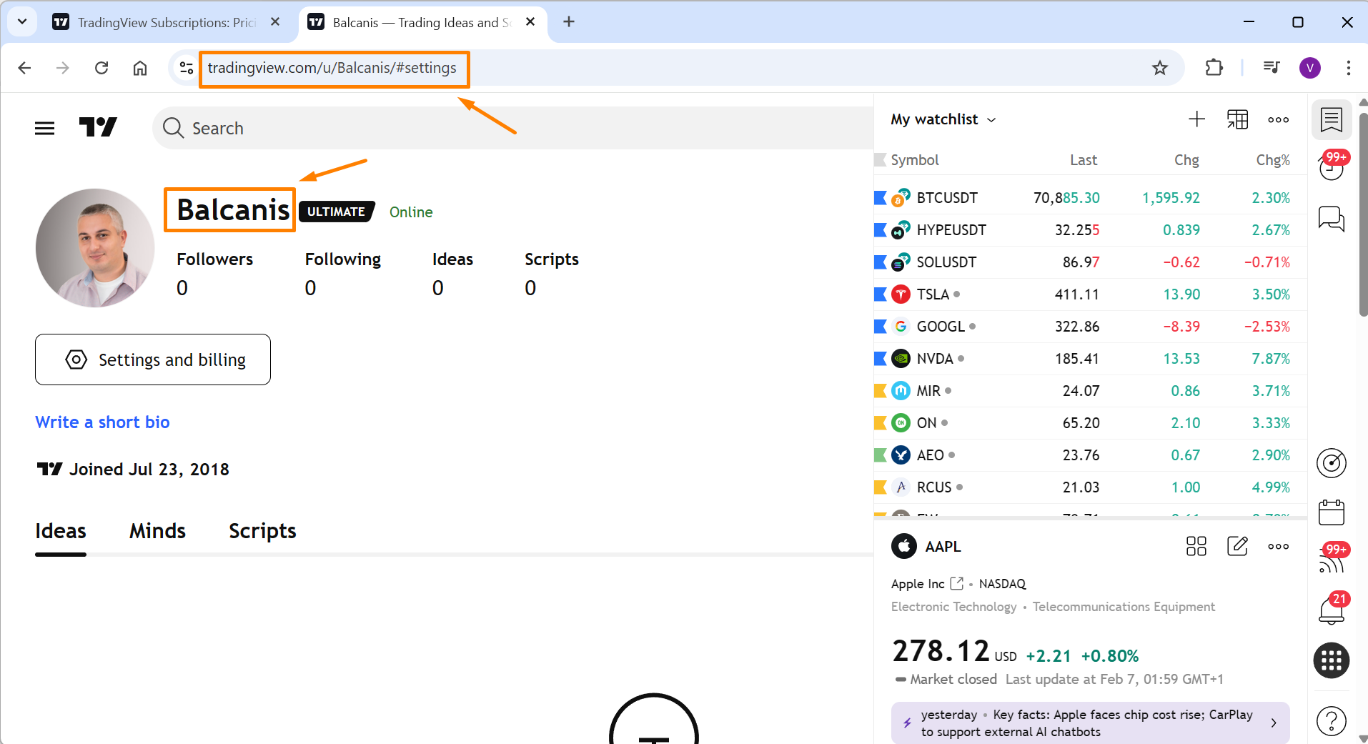 TradingView profile settings page showing the Username field