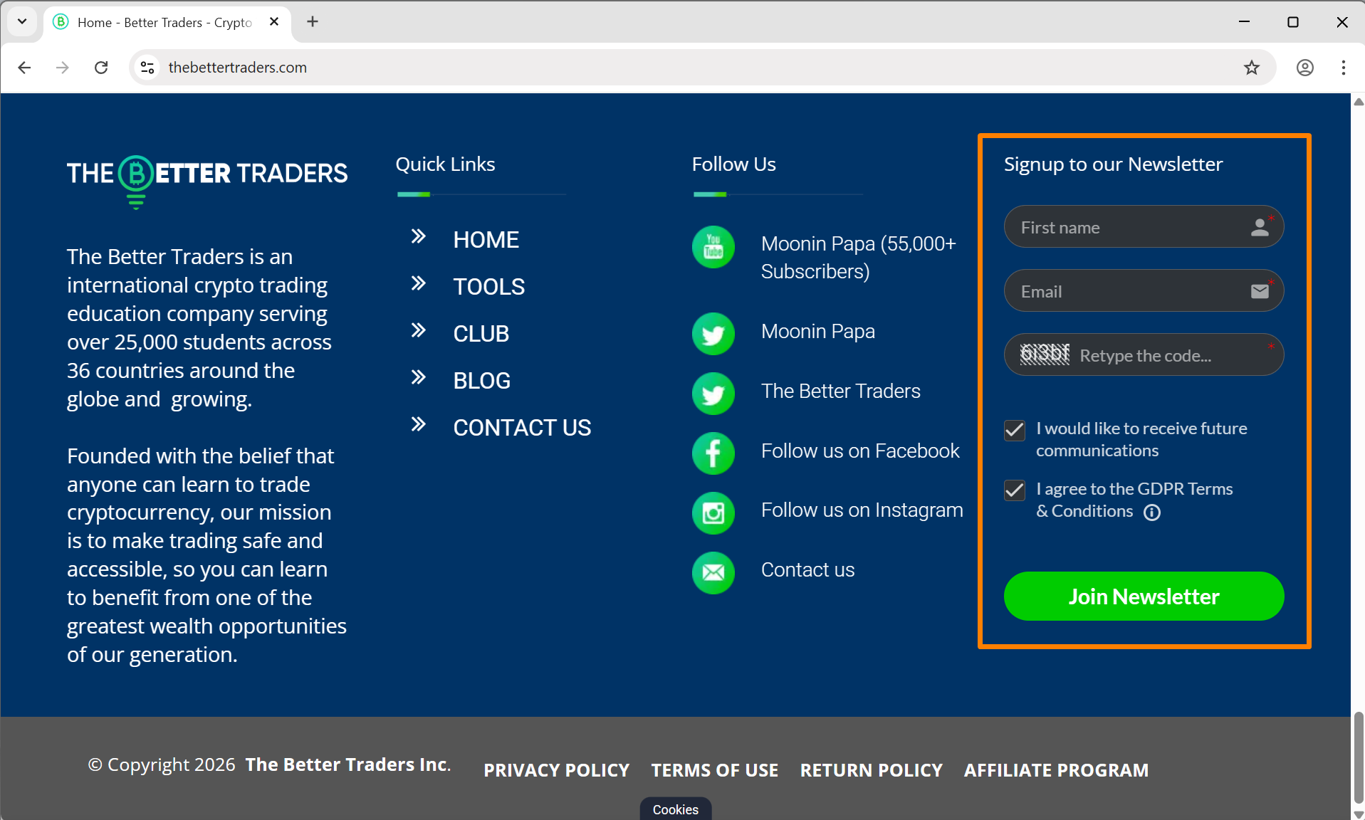 The Better Traders website footer showing the Signup to our Newsletter form highlighted