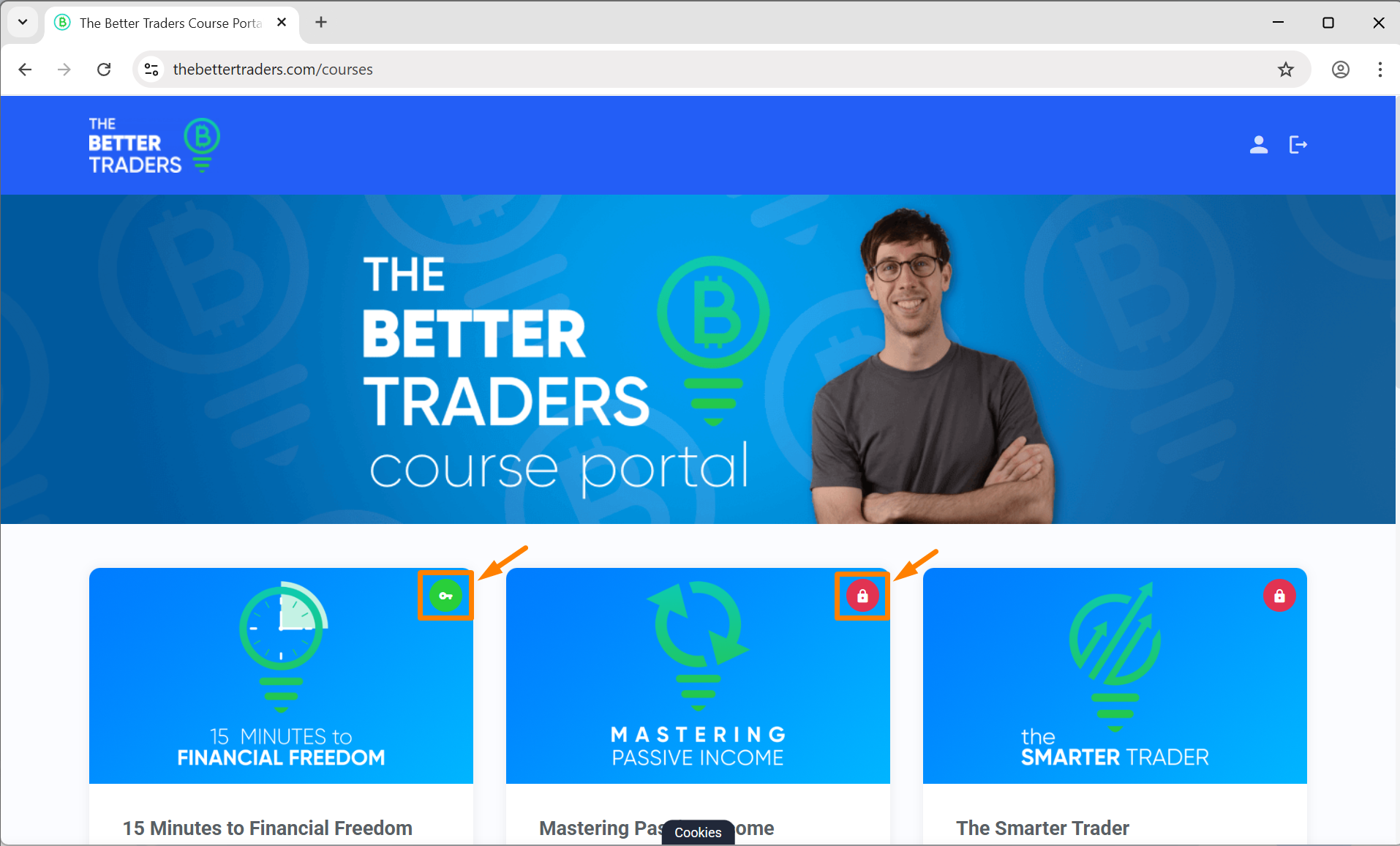 Course Portal dashboard after login showing green key icons for accessible courses and red lock icons for locked courses