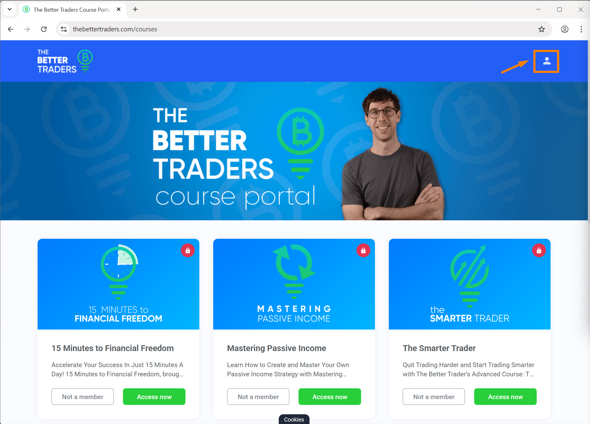 The Better Traders Course Portal page with the login icon highlighted in the top-right corner
