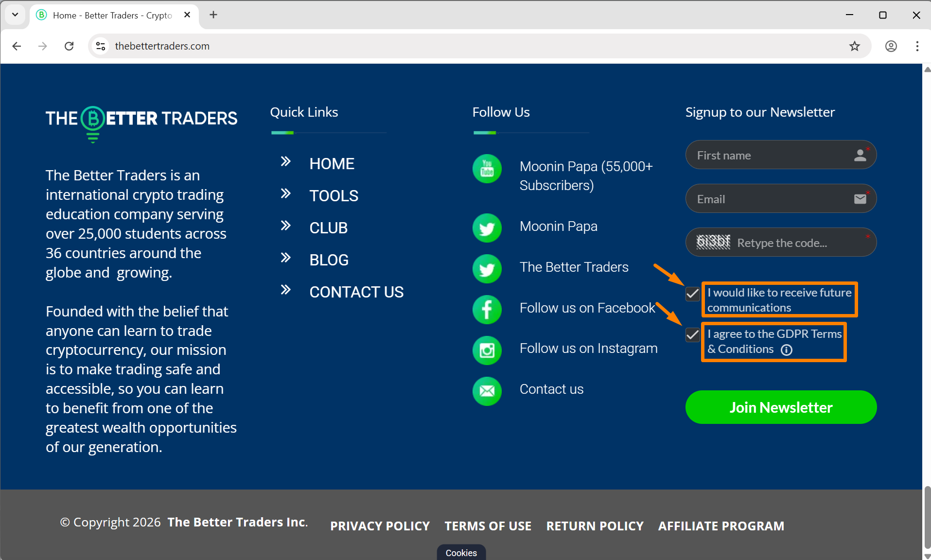 Newsletter signup form with both checkboxes highlighted: I would like to receive future communications and I agree to the GDPR Terms and Conditions