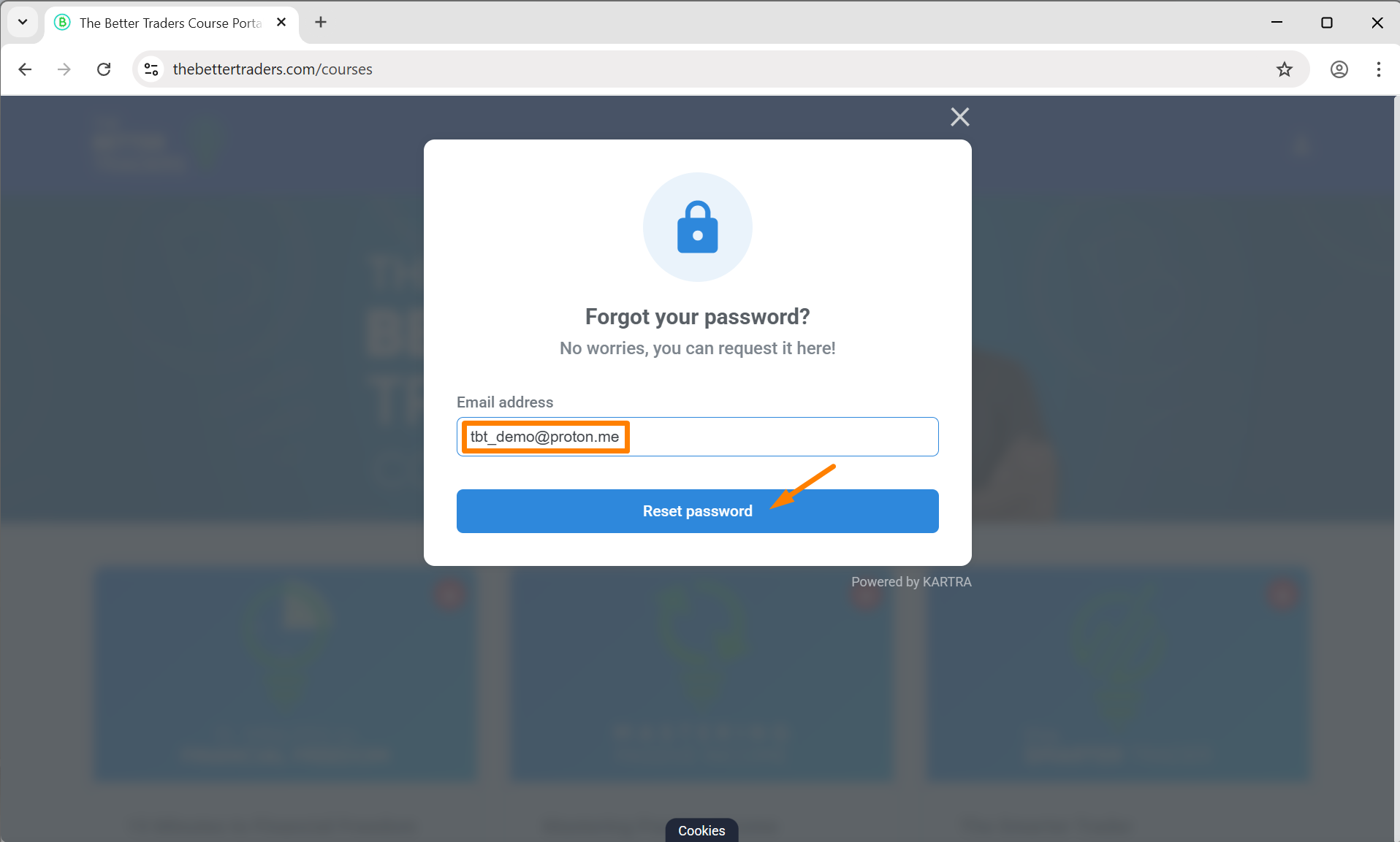 Forgot your password form showing email address field and Reset password button